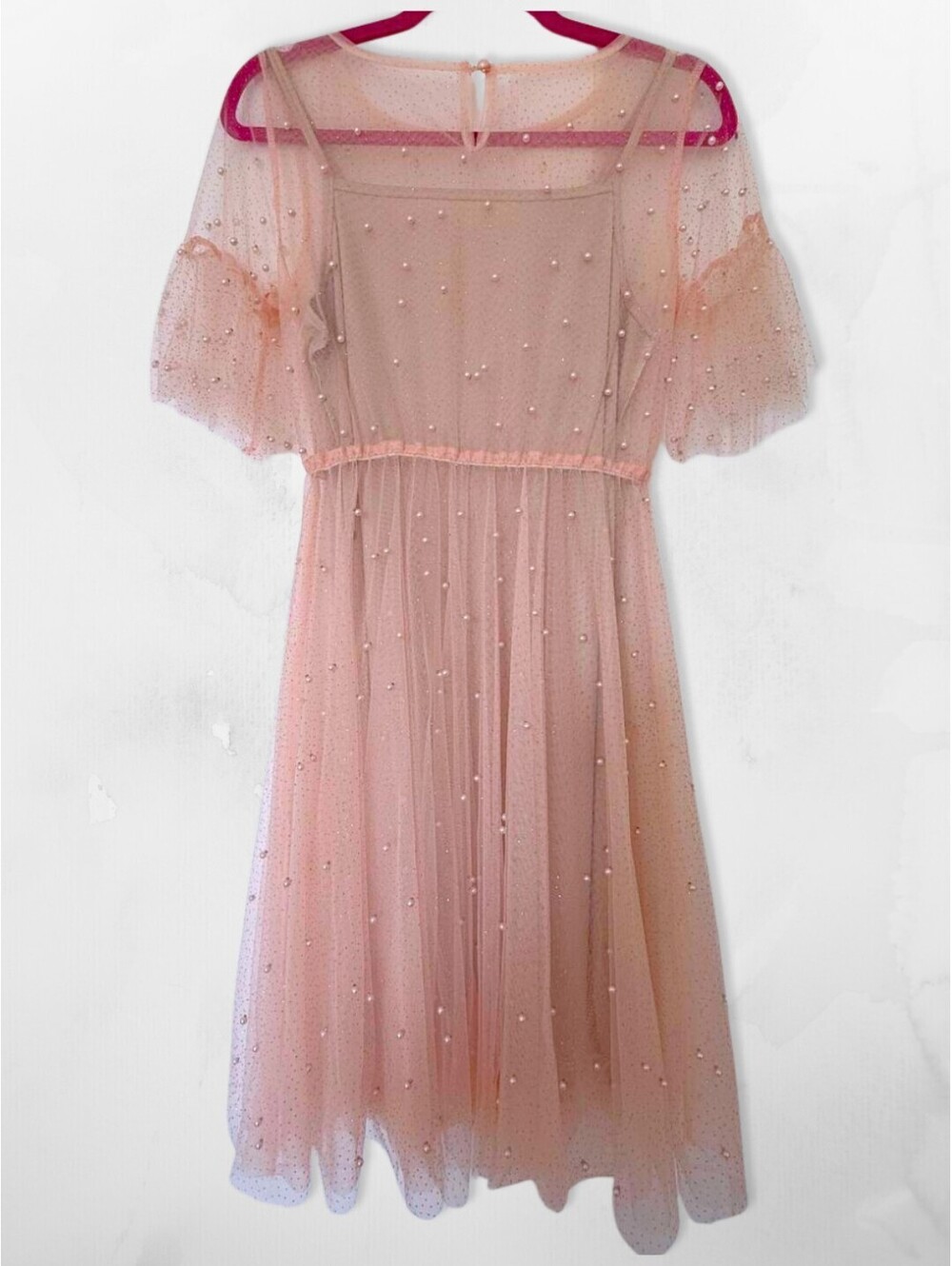 Whimsical Zephyr Marshmallow Light Pink Tulle Pearl Gold Embellished Dress, S